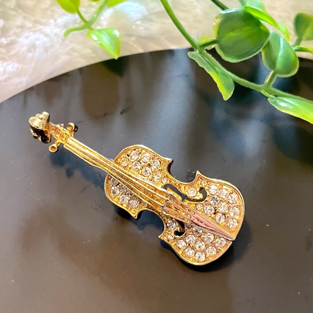 Gold Crystal Violin Brooch - Elegant Women's Jewelry